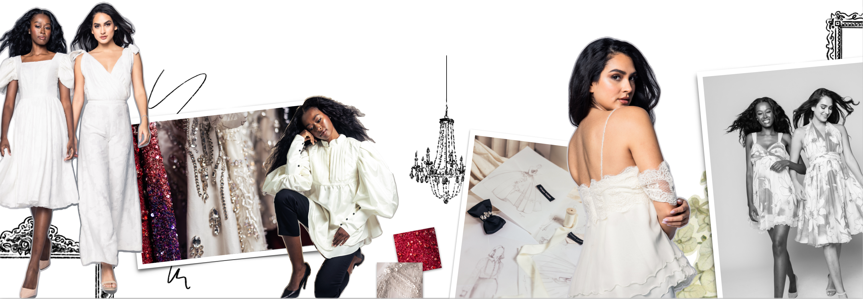 Collage of women in white dresses with various poses and settings.