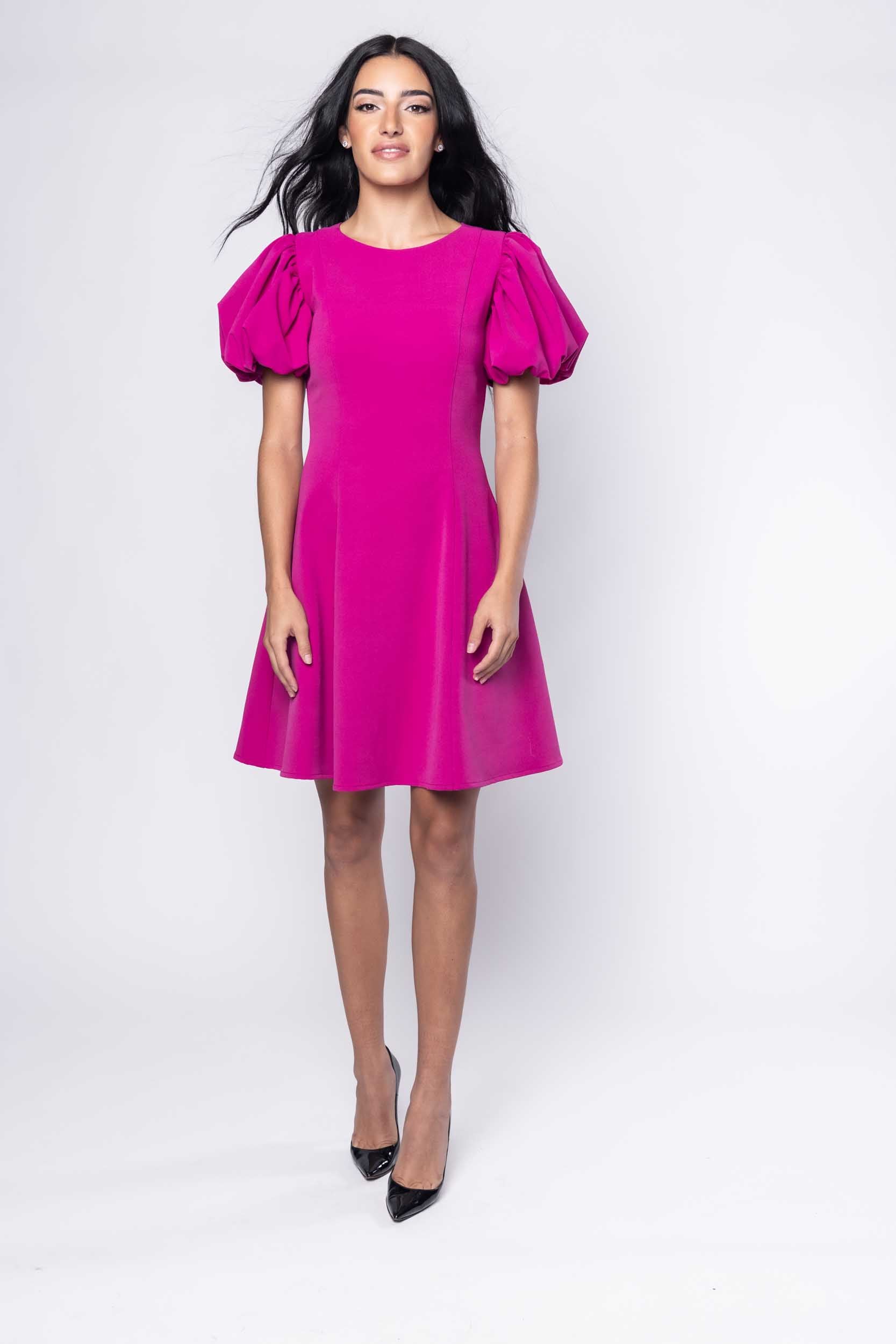 Beautiful model in fuchsia cocktail silk Sujata Gazder dress - front view